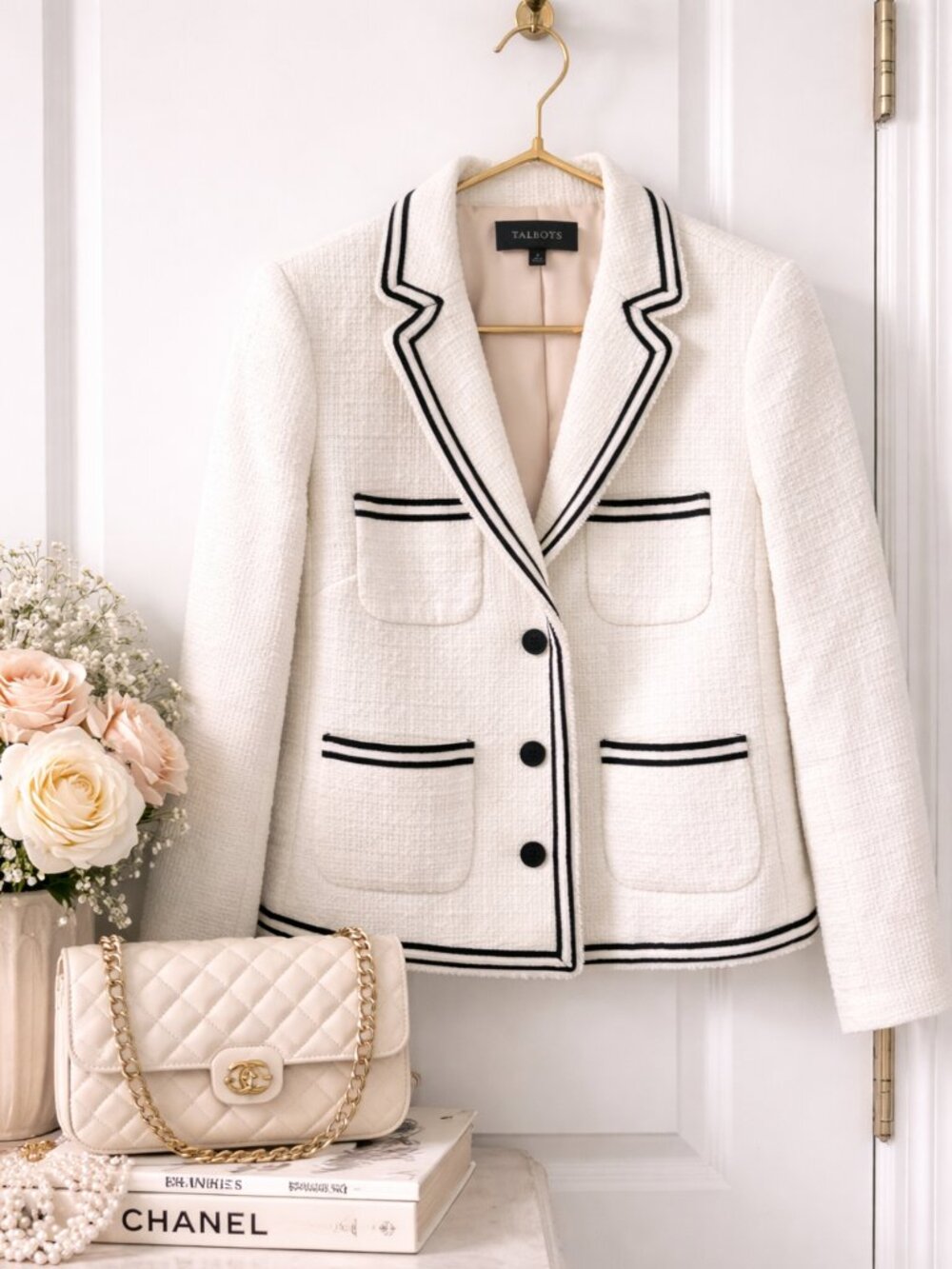 Talbots Tweed Blazer Ivory Black Piping Fringe Jacket Size 8